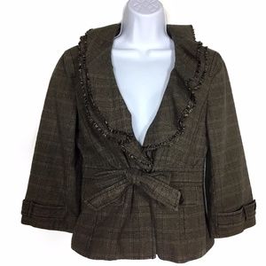 Ann Taylor LOFT Brown Plaid Ruffle Collar Jacket